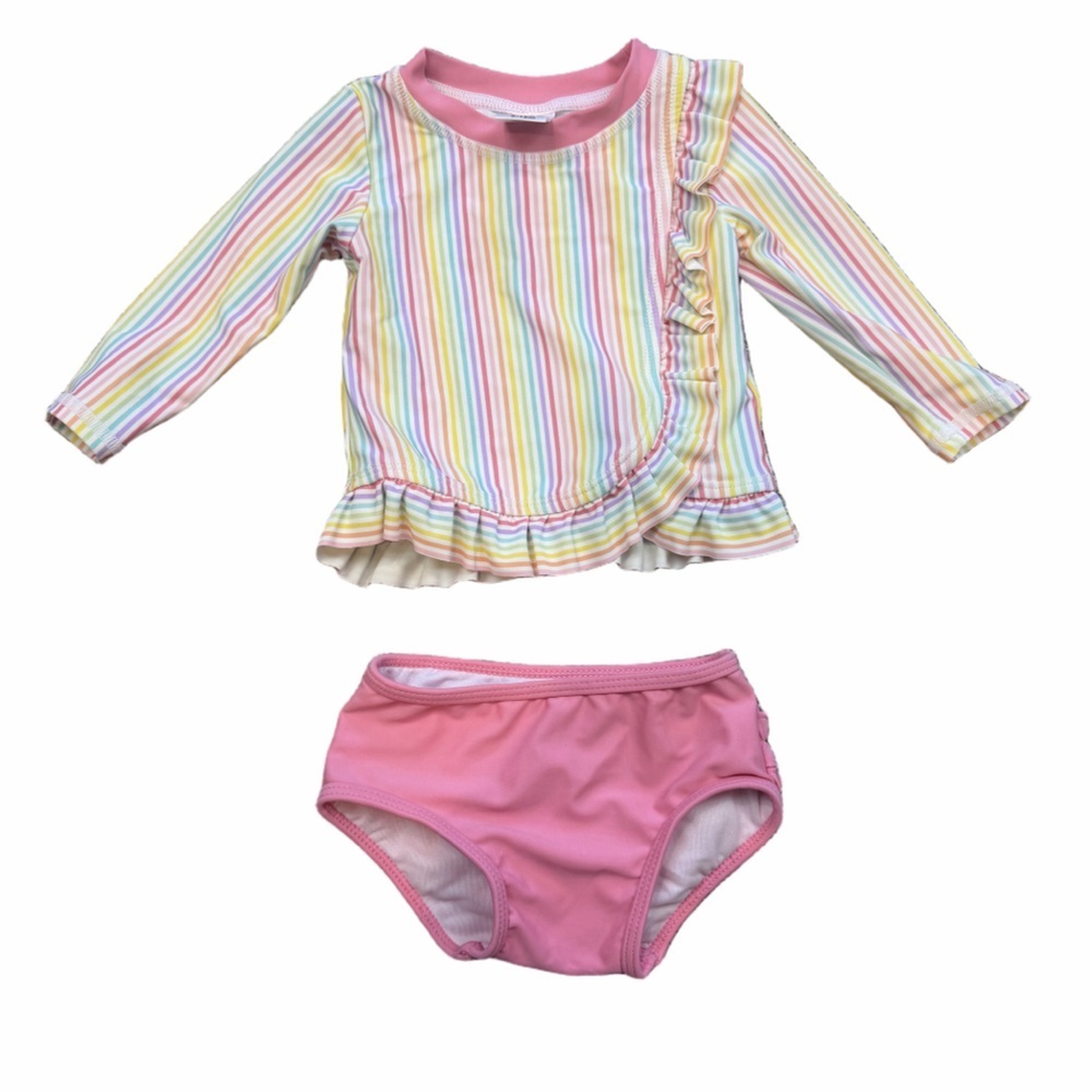 RuffleButts Rainbow Stripe Rash Guard Swimsuit 6-12 Months Pink